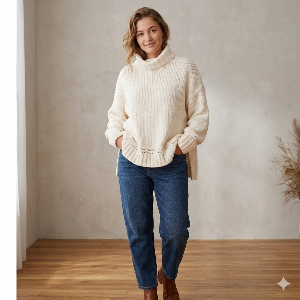 Aerie Cream Chenille Knit Turtleneck Sweater | Oversized Boho Medium